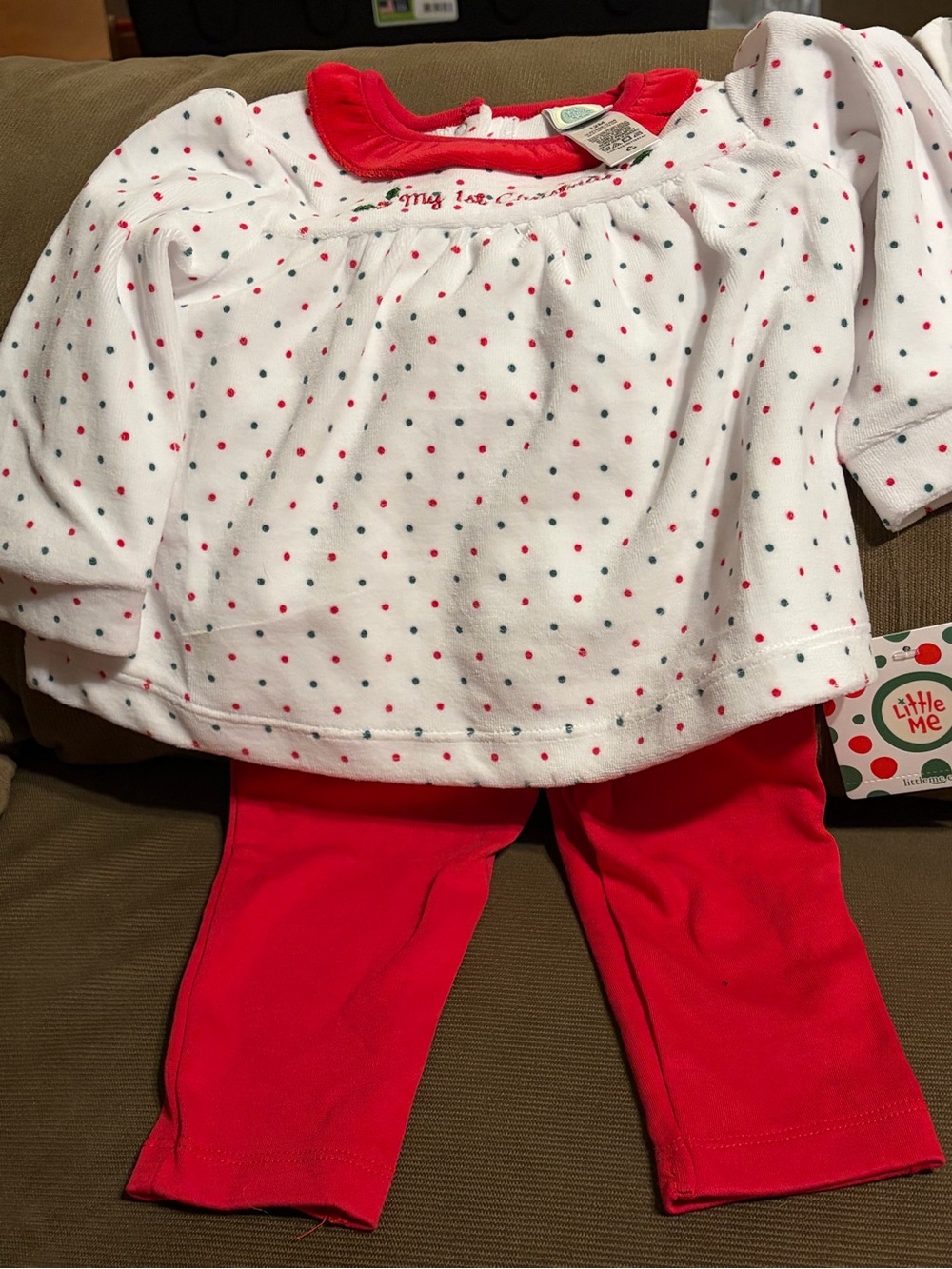 Little Me Girl's Christmas Red, White and Green Two Tops & One Pair of Pants 12M
